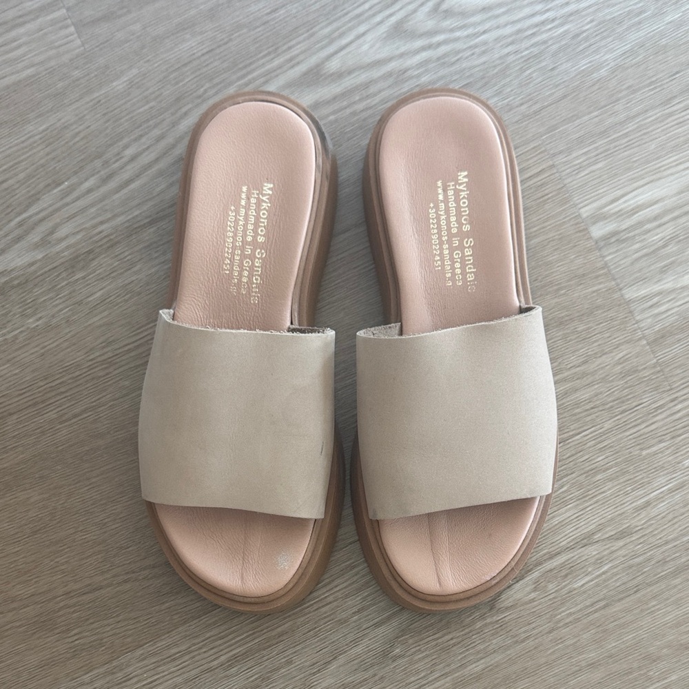 Handmade Tan Platform Slide Sandals Size 36